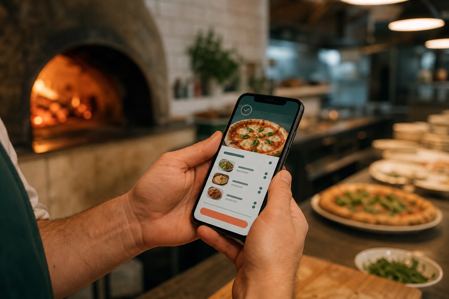 A restaurant owner reviewing a completed order on their phone in the kitchen