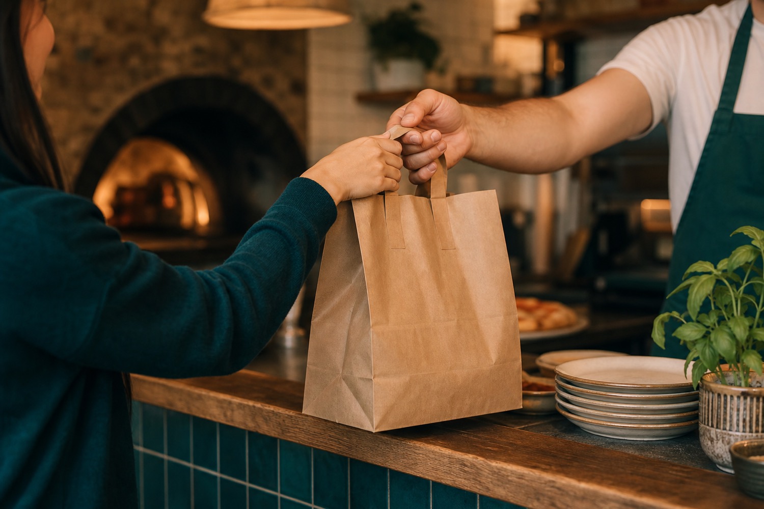 A regular customer being handed a takeout bag across the restaurant counter